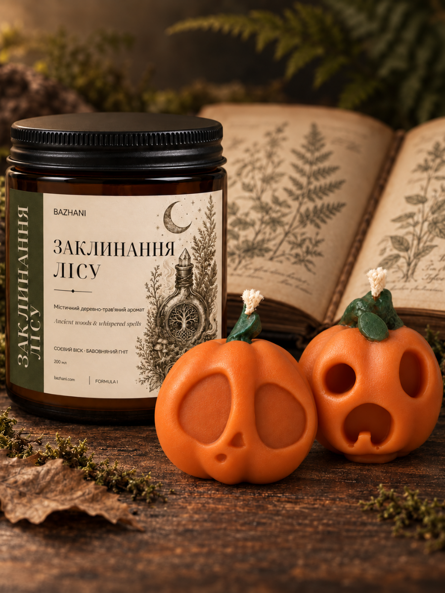 Подарунковий набір на Halloween Bazhani &laquo;Заклинання Лісу&raquo; &mdash; соєва свічка 200 мл та 2 свічки-гарбузи 070926-01 фото