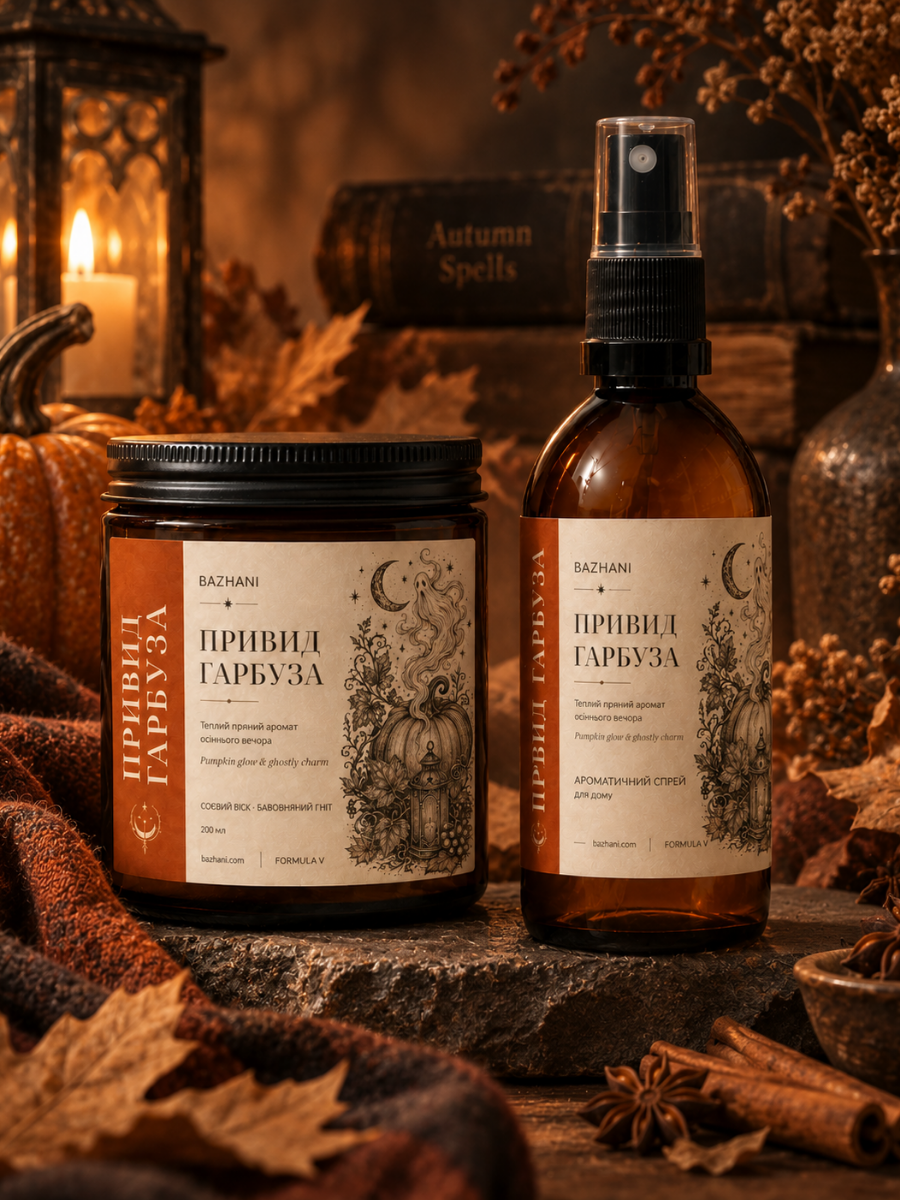 Подарунковий набір на Halloween Bazhani &laquo;Привид Гарбуза&raquo; &mdash; соєва свічка та спрей для дому, 200 мл + 100 мл 070926-11 фото