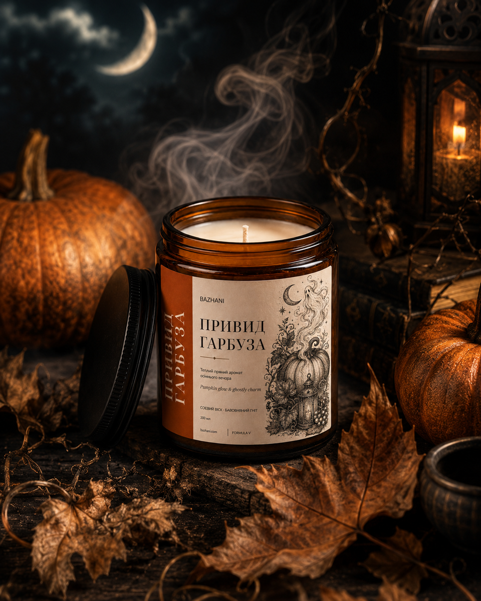 Соєва ароматична свічка на Halloween Bazhani "Привид Гарбуза" (солодкий гарбузово-пряний аромат), 200 мл 2509243104 фото