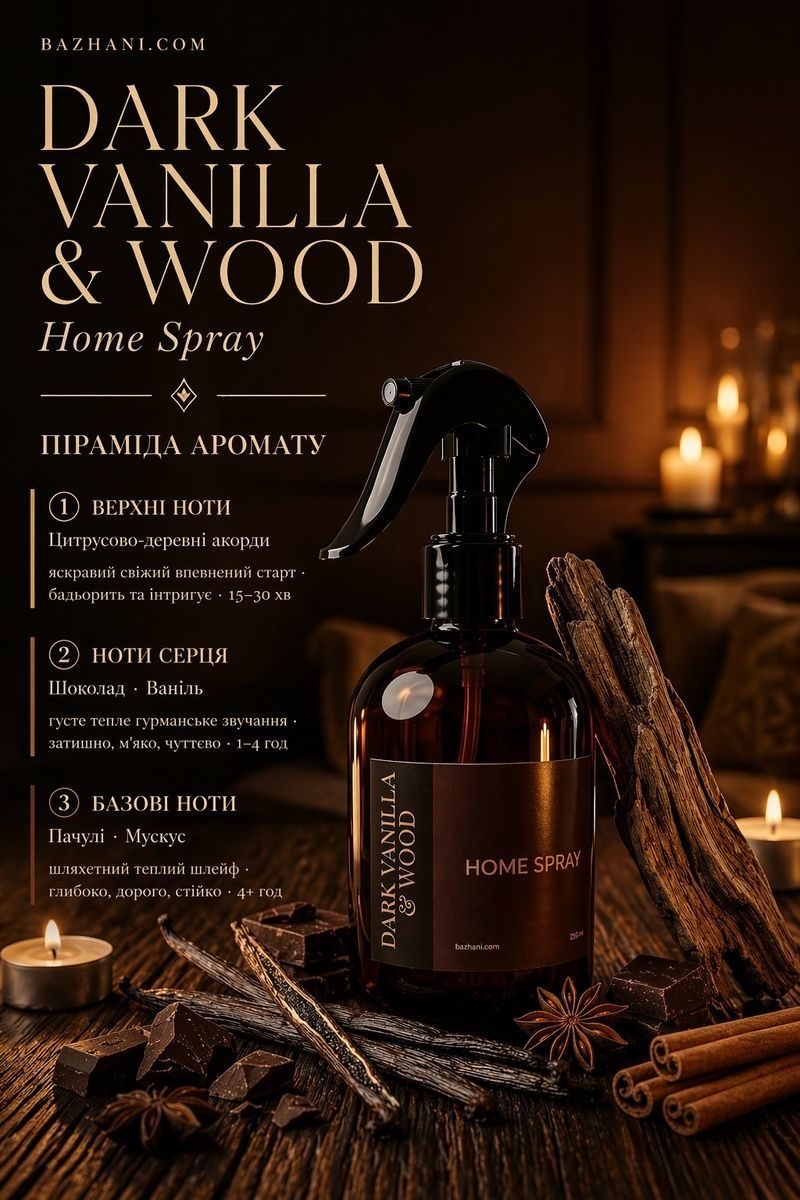 Ароматичний спрей Bazhani "Dark Vanilla & Wood" (ваніль та дерево), 275 мл 030426-02 фото