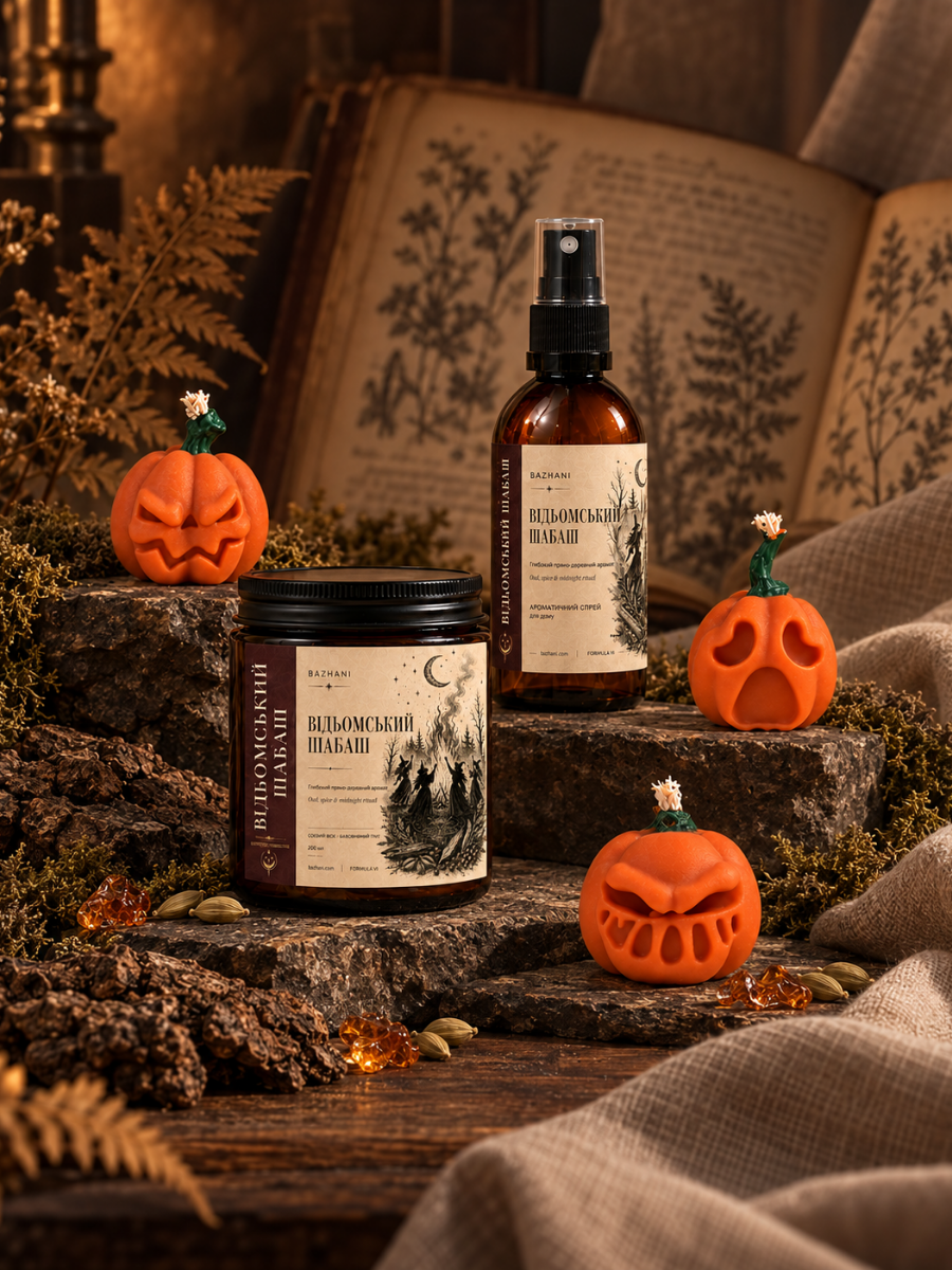 Подарунковий набір на Halloween Bazhani &laquo;Відьомський Шабаш&raquo; &mdash; свічка 200 мл, спрей 100 мл та 3 свічки-гарбузи 080926-06 фото