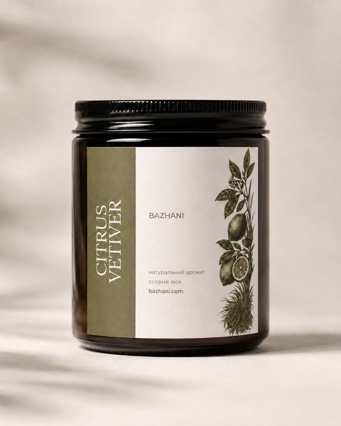 Соєва ароматична свічка з бавовняним гнотом Bazhani "Citrus Vetiver" (зелений цитрусово-деревний аромат), 200 мл 200826-01 фото