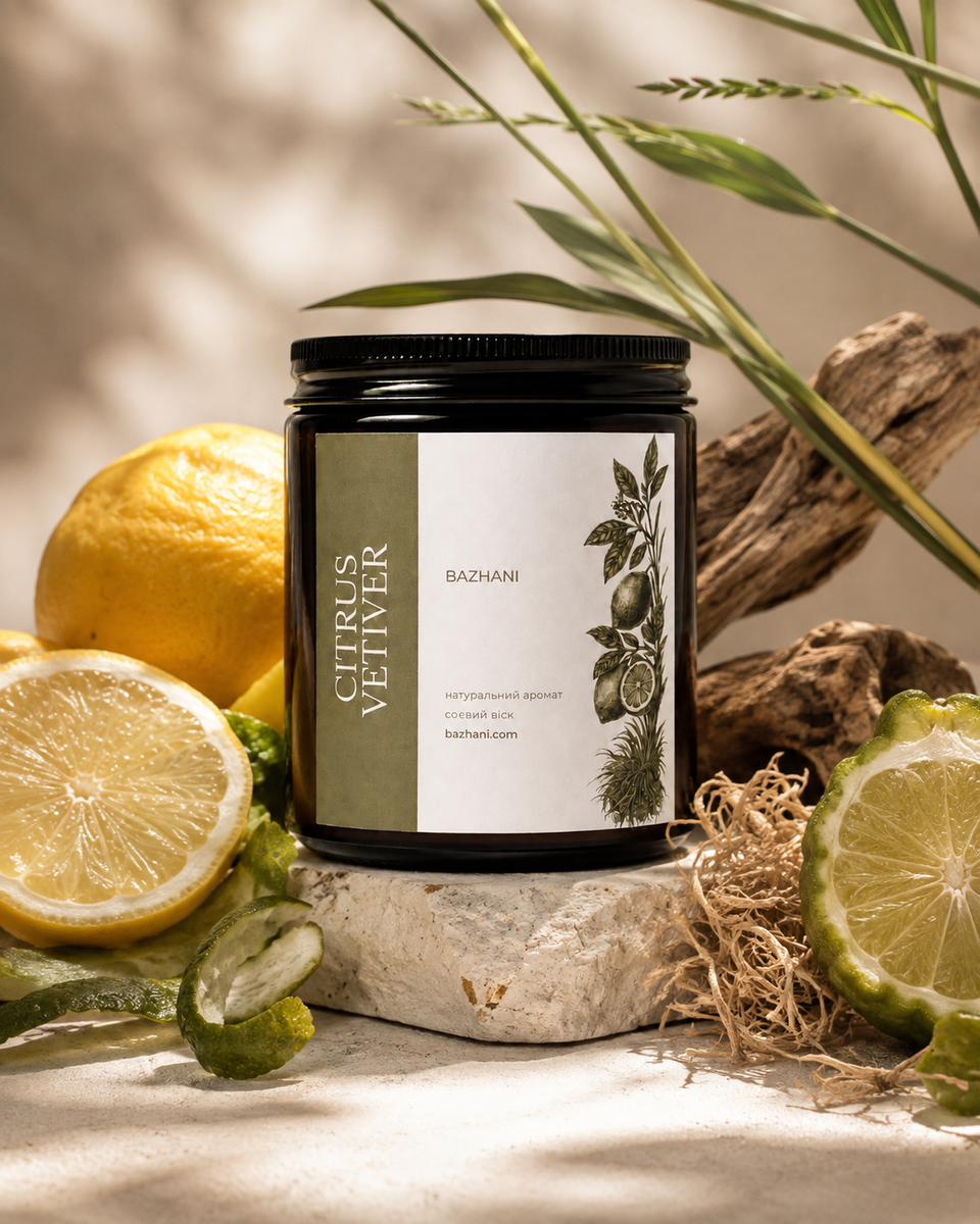 Соєва ароматична свічка з бавовняним гнотом Bazhani "Citrus Vetiver" (зелений цитрусово-деревний аромат), 200 мл 200826-01 фото
