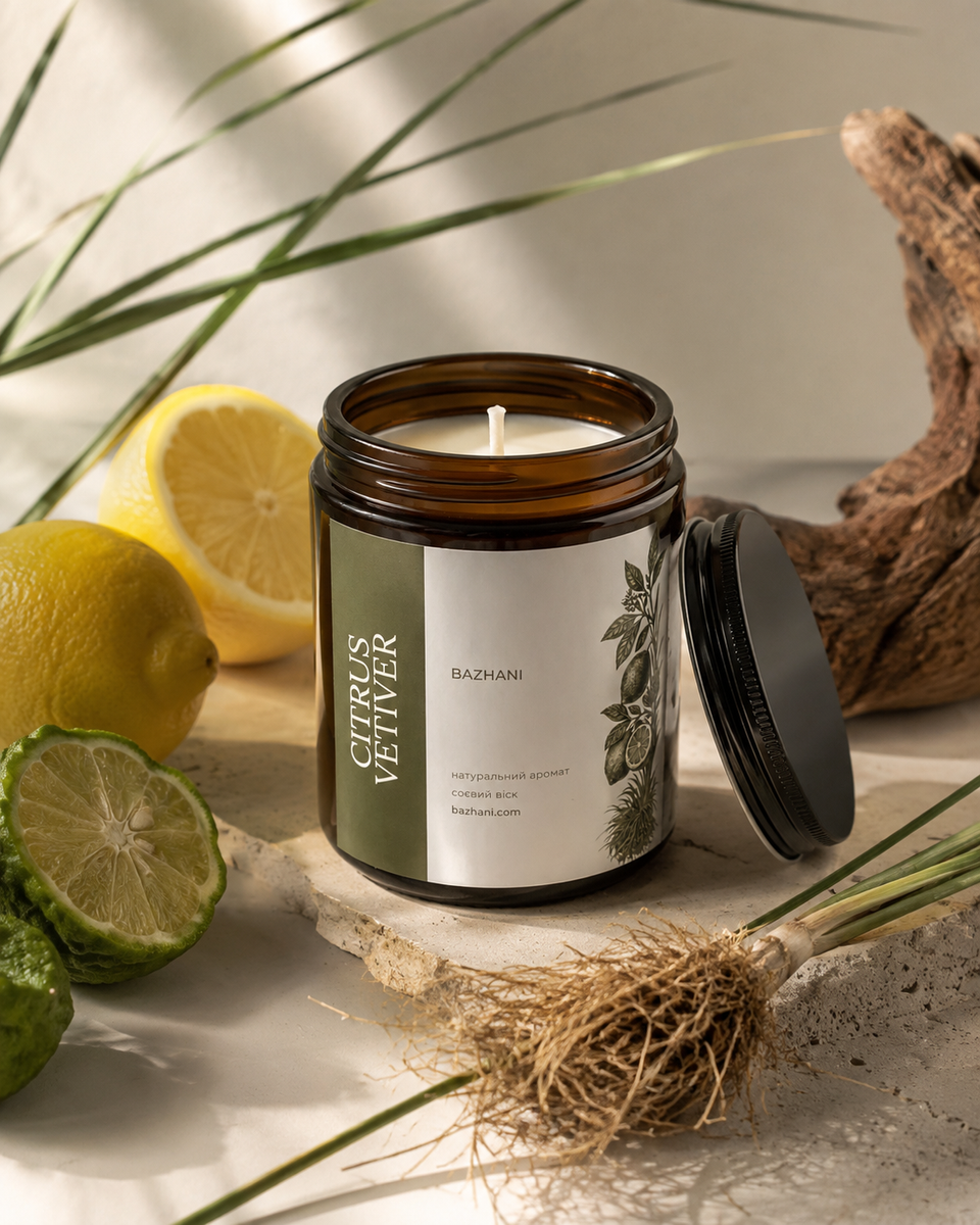 Соєва ароматична свічка з бавовняним гнотом Bazhani "Citrus Vetiver" (зелений цитрусово-деревний аромат), 200 мл 200826-01 фото