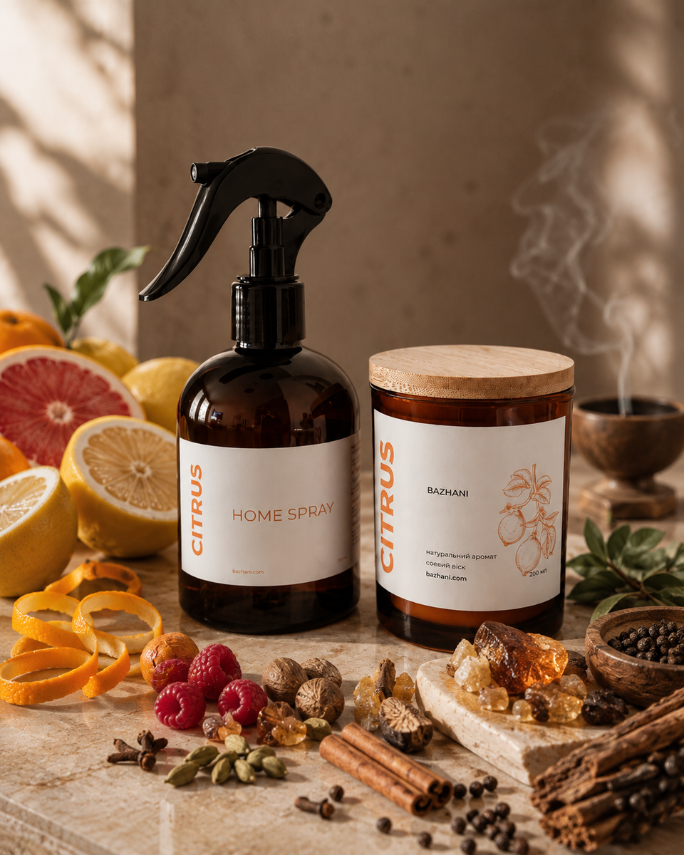 Подарунковий набір для дому Bazhani "Candied Citrus" (свічка + ароматичний спрей), 200 мл + 275 мл 220826-01 фото