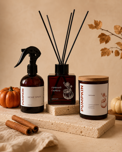 Подарунковий набір ароматів для дому Bazhani "Pumpkin Souffle" (свічка + дифузор + спрей), 200 мл + 100 мл + 275 мл 220826-02 фото