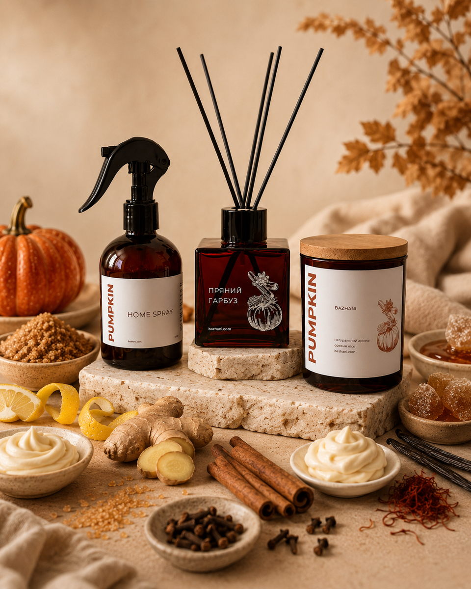 Подарунковий набір ароматів для дому Bazhani "Pumpkin Souffle" (свічка + дифузор + спрей), 200 мл + 100 мл + 275 мл 220826-02 фото