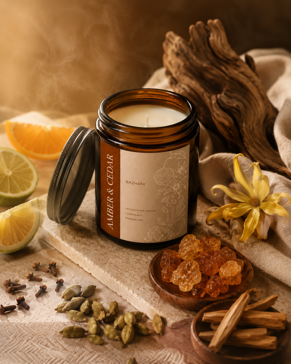 Соєва ароматична свічка з бавовняним гнотом Bazhani "Amber & Cedar" (теплий амброво-деревний аромат), 200 мл 220826-03 фото