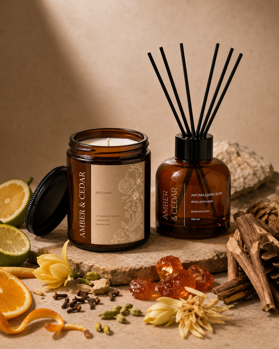 Подарунковий набір ароматів для дому Bazhani "Amber & Cedar" (соєва свічка + аромадифузор), 200 мл + 100 мл 220826-04 фото