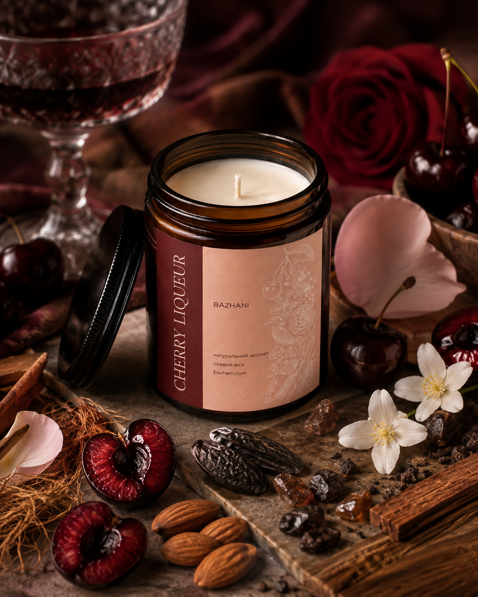 Соєва ароматична свічка з бавовняним гнотом Bazhani "Cherry Liqueur" (насичений вишнево-лікерний аромат), 200 мл 220826-05 фото