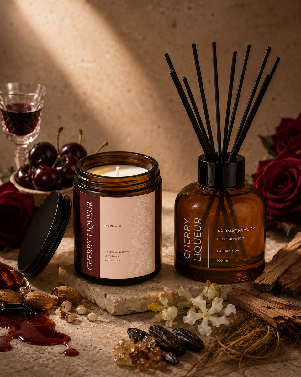 Подарунковий набір ароматів для дому Bazhani "Cherry Liqueur" (соєва свічка + аромадифузор), 200 мл + 100 мл 220826-06 фото