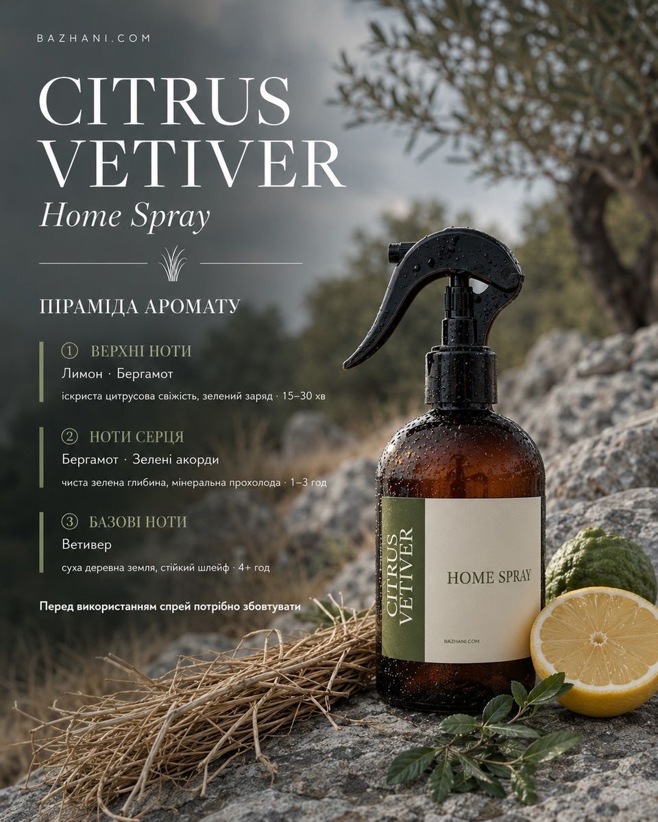 Ароматичний спрей для дому Bazhani "Citrus Vetiver" (чистий зелено-цитрусовий аромат), 275 мл 060626-02 фото