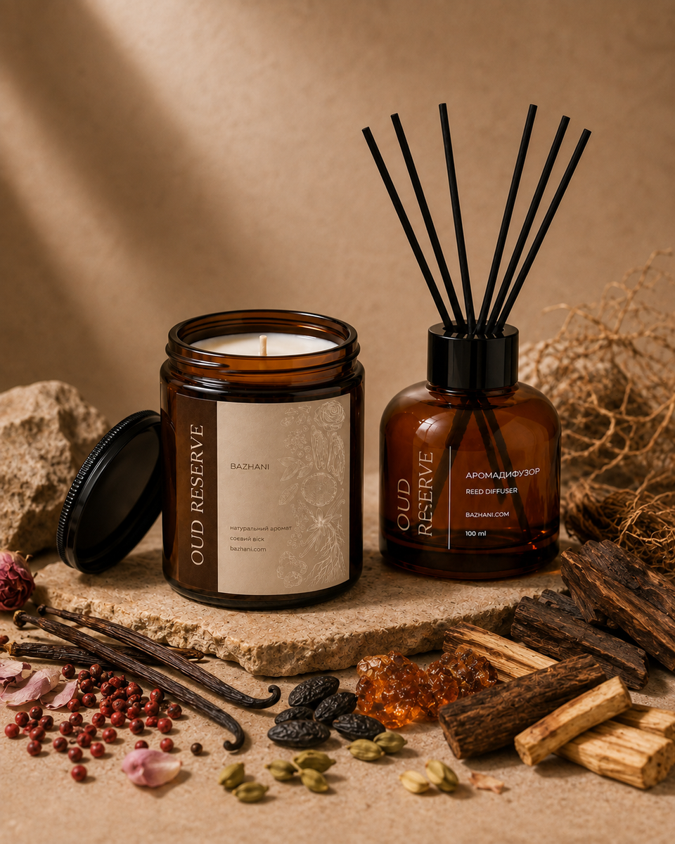 Подарунковий набір ароматів для дому Bazhani "Oud Reserve" (соєва свічка + аромадифузор), 200 мл + 100 мл 220826-08 фото