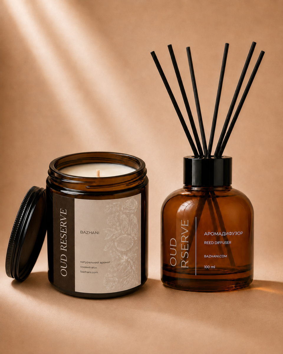 Подарунковий набір ароматів для дому Bazhani "Oud Reserve" (соєва свічка + аромадифузор), 200 мл + 100 мл 220826-08 фото