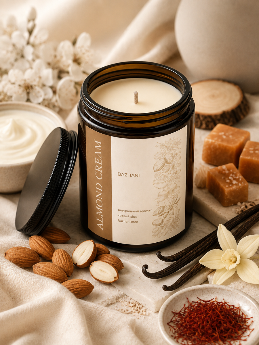 Соєва ароматична свічка з бавовняним гнотом Bazhani "Almond Cream" (ніжний мигдально-вершковий аромат), 200 мл 220826-09 фото