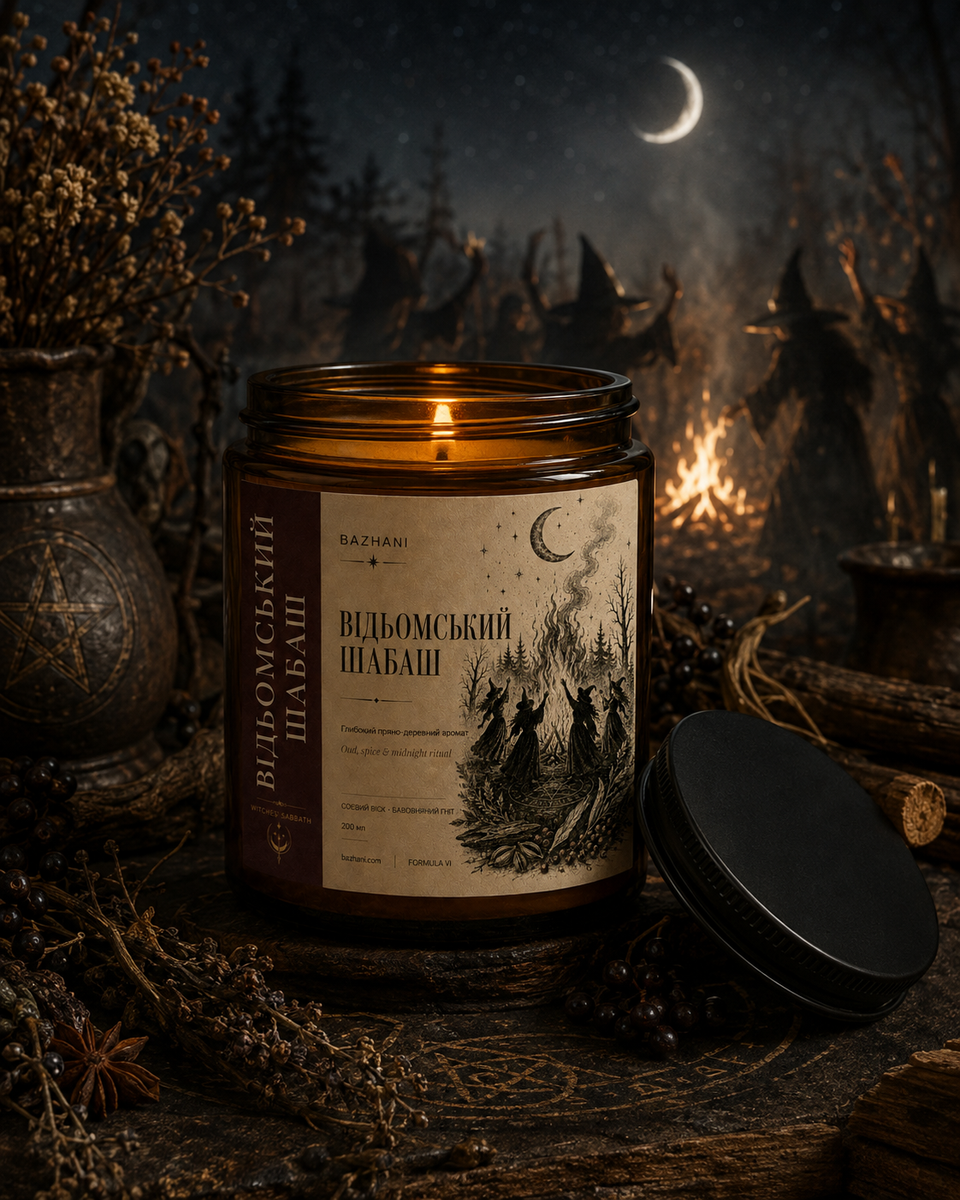 Соєва ароматична свічка на Halloween Bazhani "Відьомський Шабаш" (глибокий пряно-деревний аромат), 200 мл 2509243106 фото