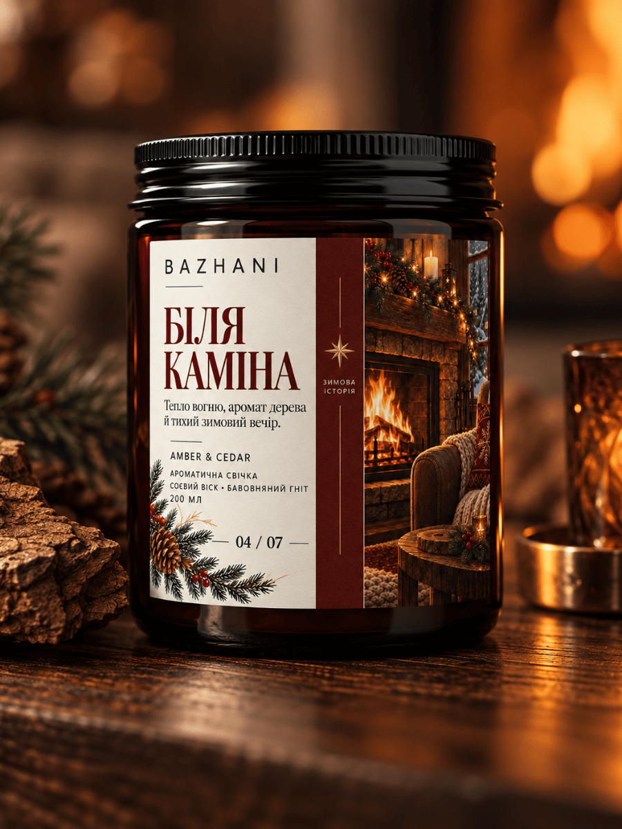 Ароматична соєва свічка BAZHANI &laquo;Біля каміна&raquo; (Amber & Cedar), 200 мл 240926-03 фото