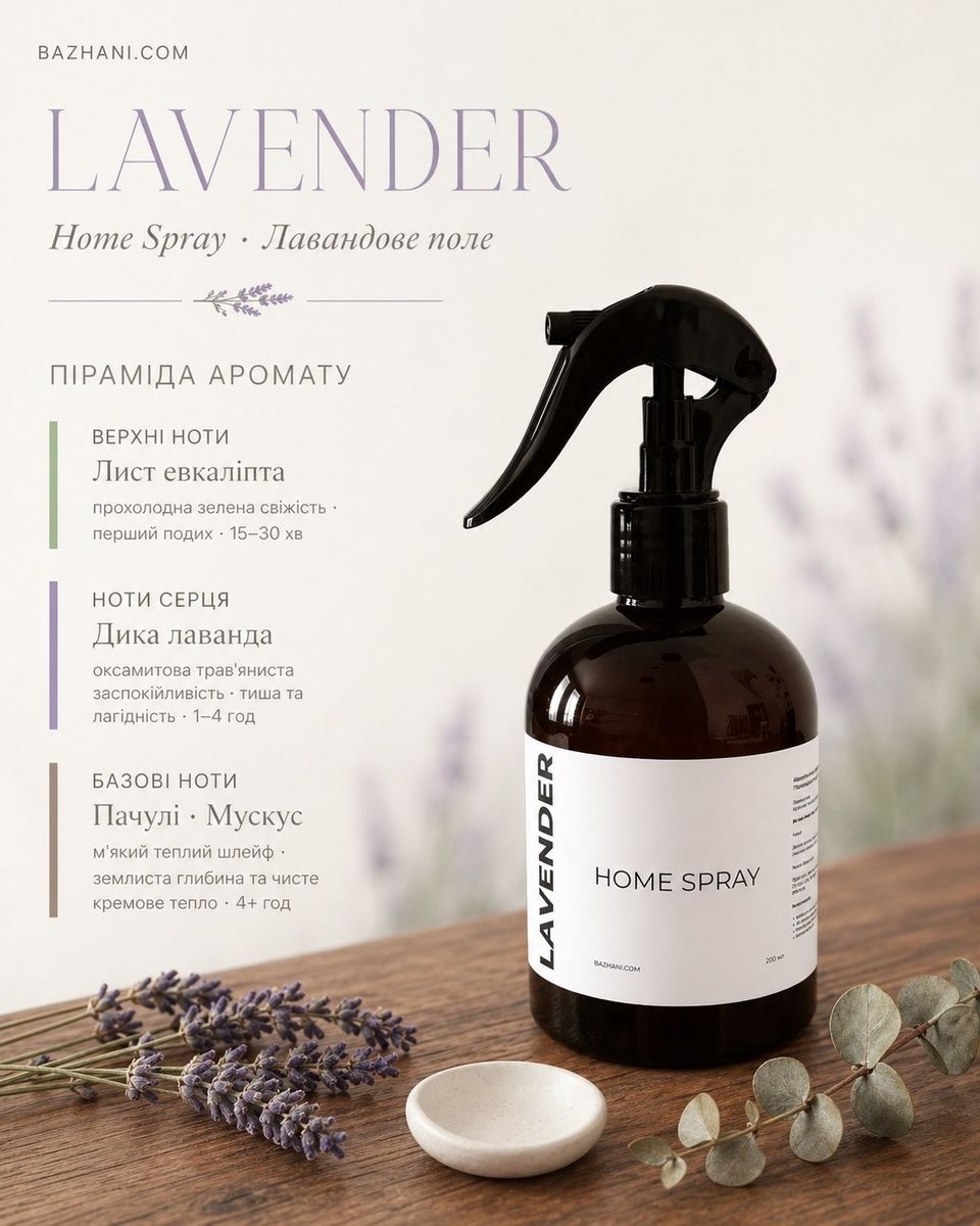 Ароматичний спрей для дому Bazhani "Lavender Field" (заспокійливий квітково-трав'яний аромат), 275 мл 130825-02 фото