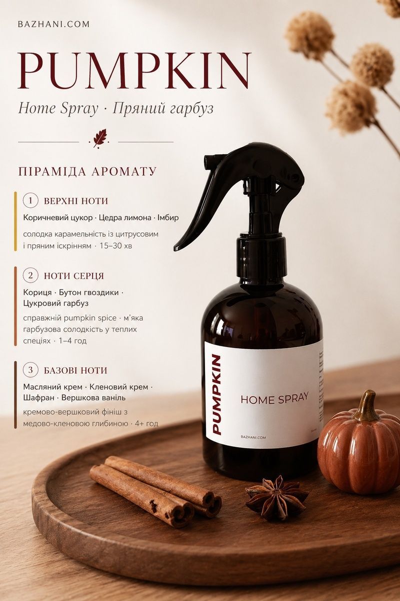 Ароматичний спрей для дому Bazhani "Pumpkin Souffle" (пряний гурманський аромат), 275 мл 130825-03 фото