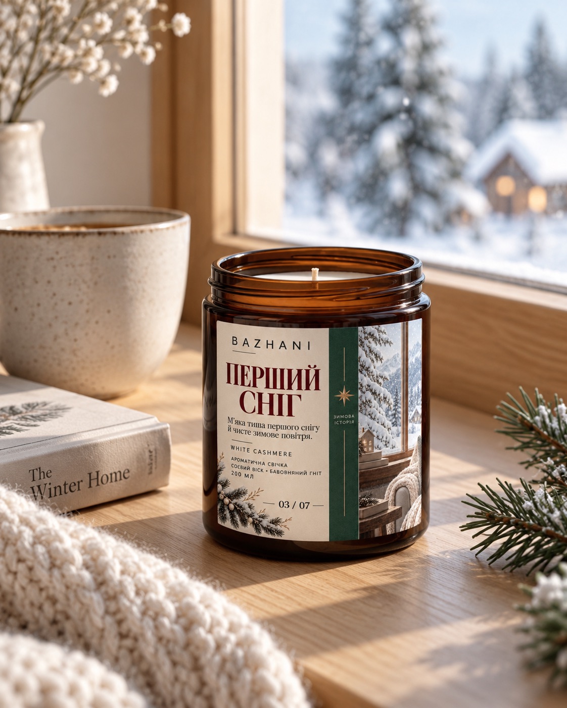 Книга, чашка та свічка “Перший сніг” для неквапливого зимового ранку